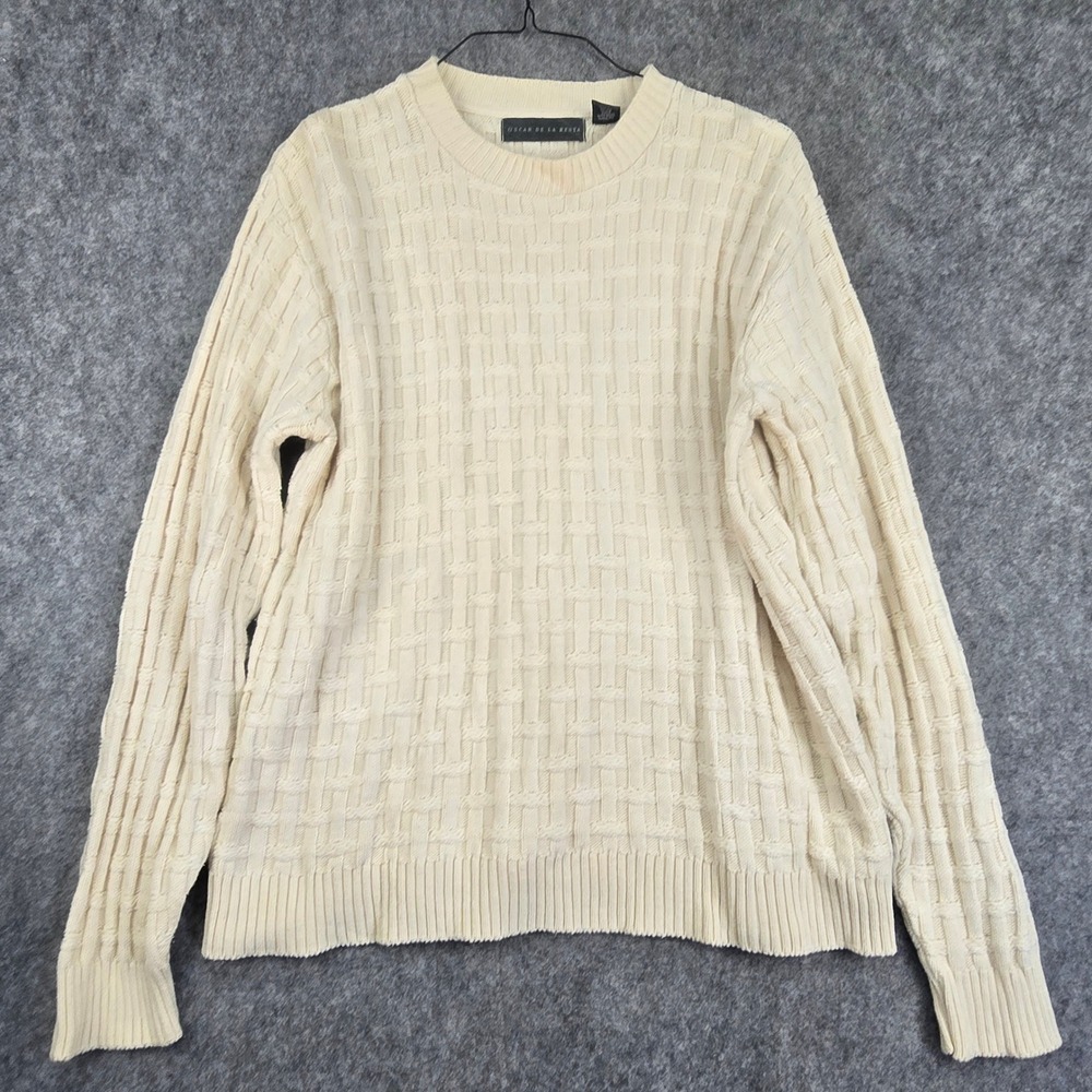 Vtg Oscar de la Renta Cotton Cable Knit Sweater Mens L Cream Basketweave Crew